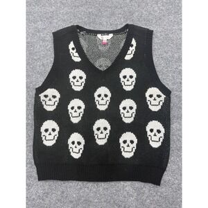 No Boundaries Womens Skull Print Knit Sweater Vest Black White‎ V-Neck Large